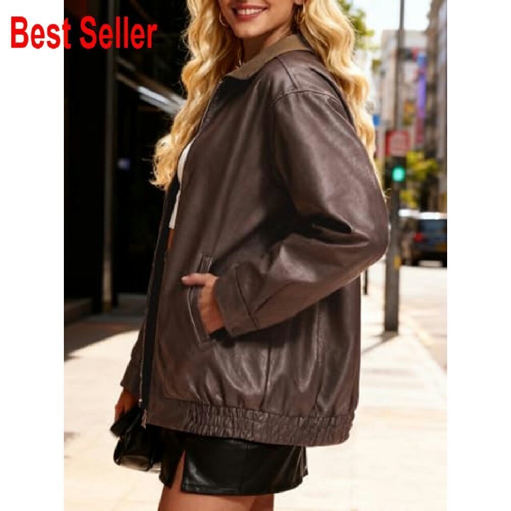 Faux Leather Motorcycle Jacket Oversized Retro Chic Fall Winter Bomber - Picture 4 of 8
